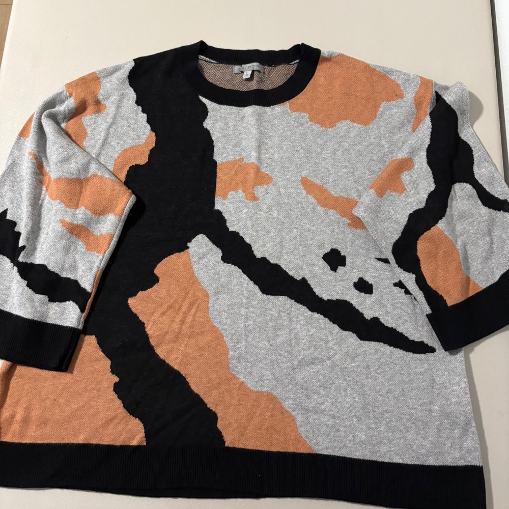 Cable‎ Stitch Abstract Intarsia Knit Sweater Grey Black Camel Silk Blend Large